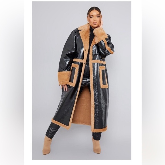 BLACK VINYL MAXI CONTRAST FAUX FUR COAT - Picture 2 of 6